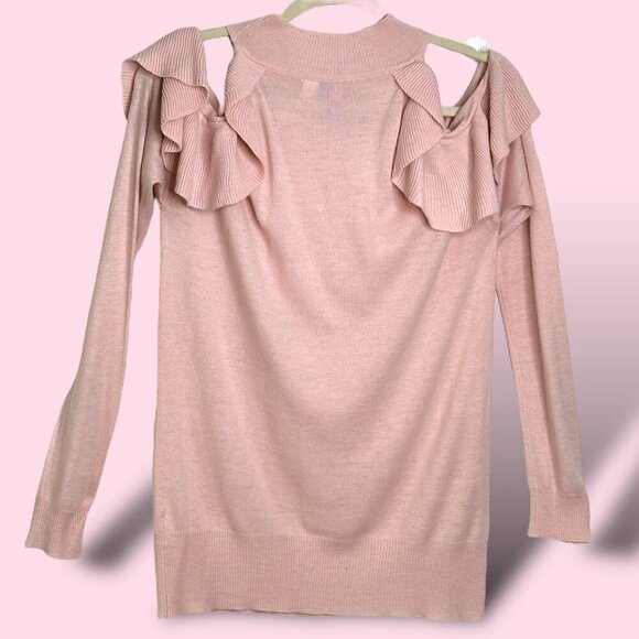 Alya Cold Shoulder Ruffle Soft Pink Sweater-Feels Like Cashmere - Size Medium - Picture 2 of 7